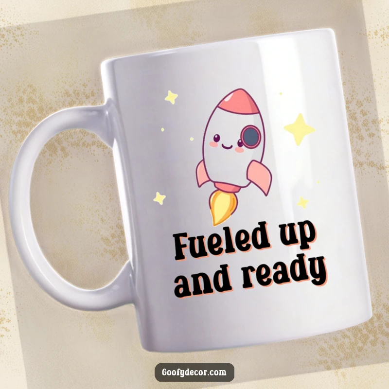 Funny mug featuring a tiny, happy rocket character zooming with excitement across a deep starry background.