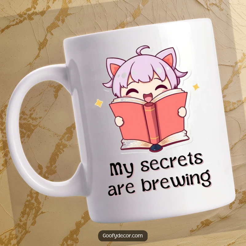 Funny mug featuring an adorable book character bursting open its pages to reveal a surprising and humorous secret inside.