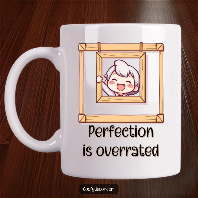 Funny Crooked Picture Mug featuring a delighted character struggling humorously to hang a picture that is clearly crooked.