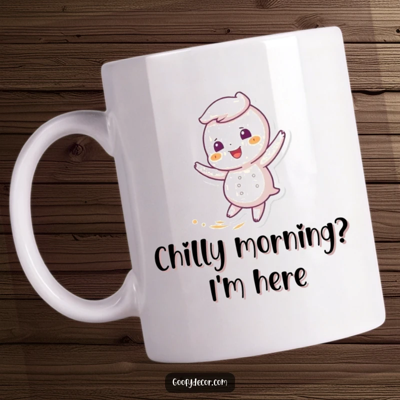 Funny snowflake mug featuring a giggling character twirling merrily in a soft, gentle breeze, radiating winter joy.