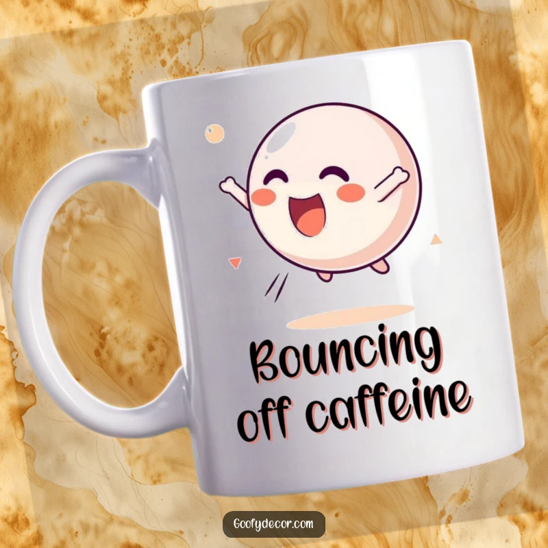 Funny Kawaii Bouncing Ball Mug featuring a happy kawaii ball character tumbling through the air with pure delight and excitement.