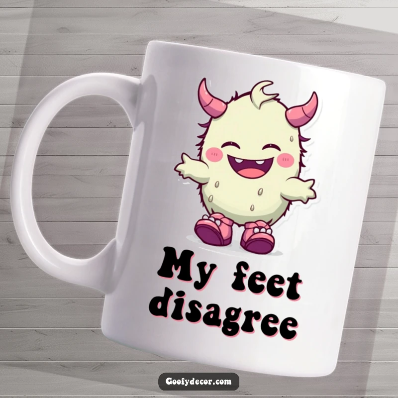 Funny kawaii monster mug with a big giggle, wearing delightfully mismatched shoes, showcasing quirky joy and fun.