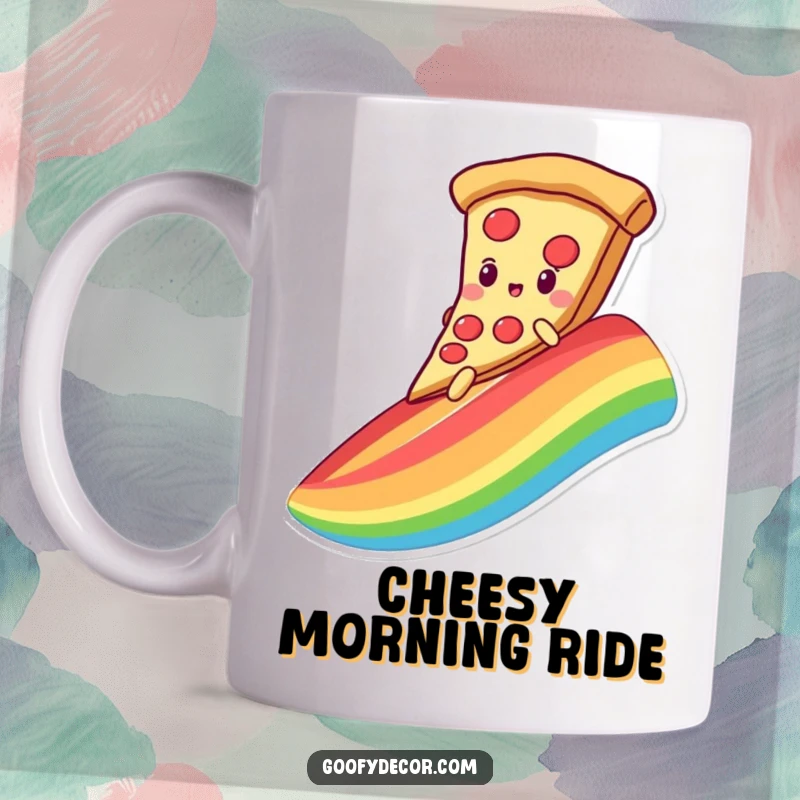 Funny kawaii pizza character happily sliding down a vibrant rainbow on a pizza slice, embodying delicious fun.