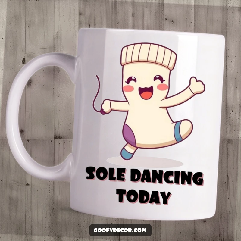 Funny kawaii happy sock character with a dangling string, doing a playful dance on a mug.