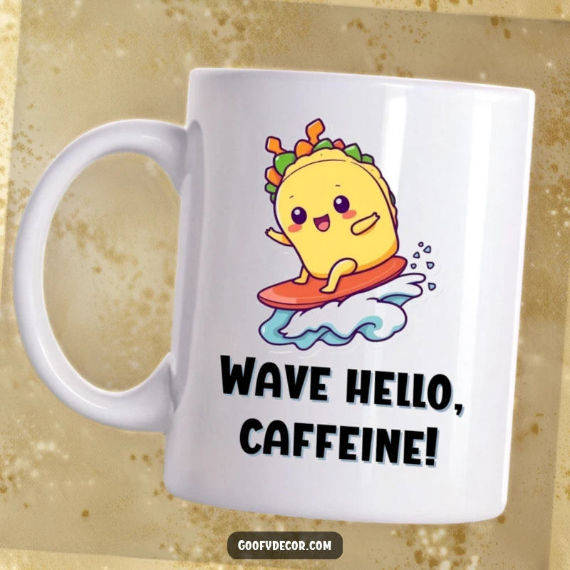 Funny kawaii taco character joyfully surfing a small ocean wave on a ceramic mug, perfect for beach lovers.