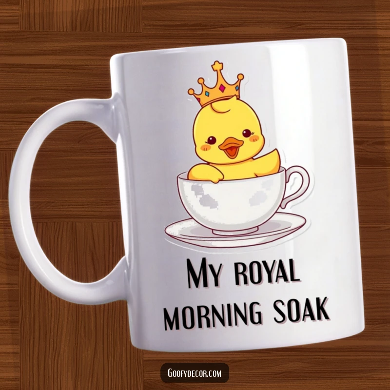 Funny mug depicting a happy rubber ducky wearing a crown, sailing regally in a teacup, symbolizing playful royalty.