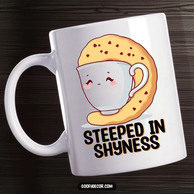 Funny mug showing a shy teacup character attempting to hide behind an oversized biscuit.