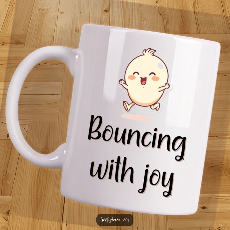 Funny mug with a small, round character joyfully skipping along with a big smile, radiating infectious enthusiasm and happy energy.