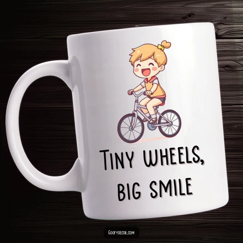 Funny Small Bicycle Mug featuring a joyful character comically riding a bicycle that is comically small.