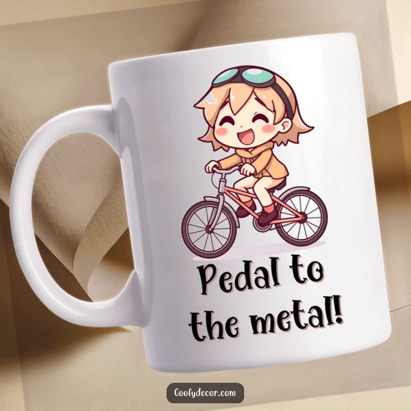 Funny mug featuring a joyful character riding a comically small bicycle, a humorous and uplifting scene.
