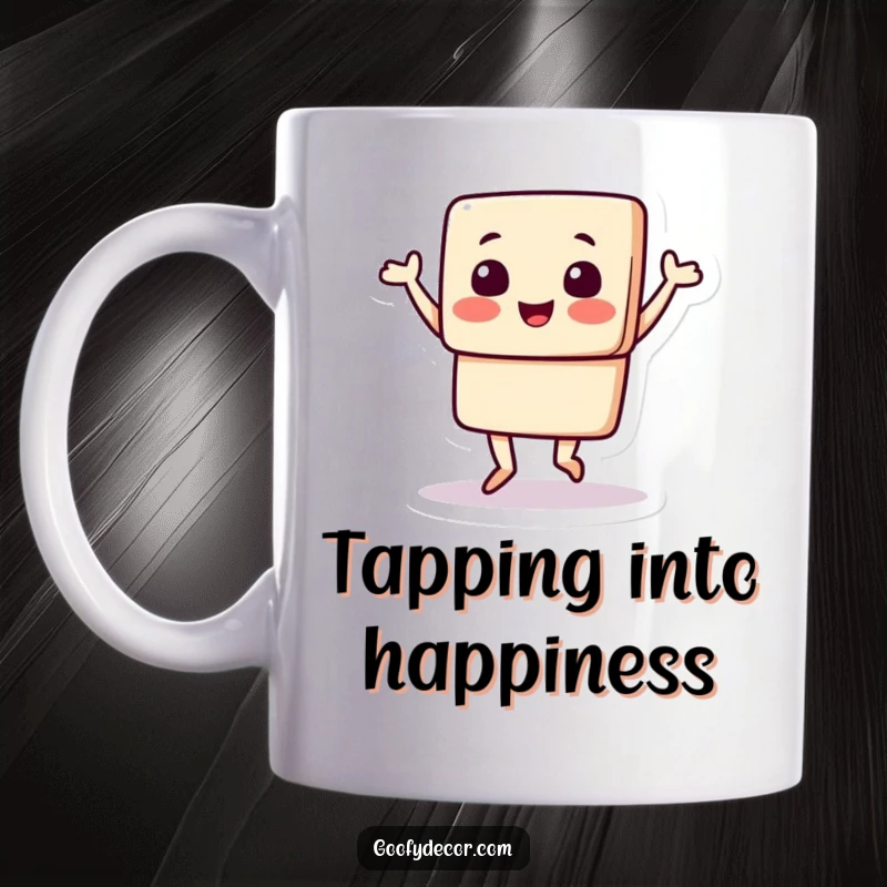 Funny mug with a square character energetically doing a happy jig, conveying infectious enthusiasm and comical movement.