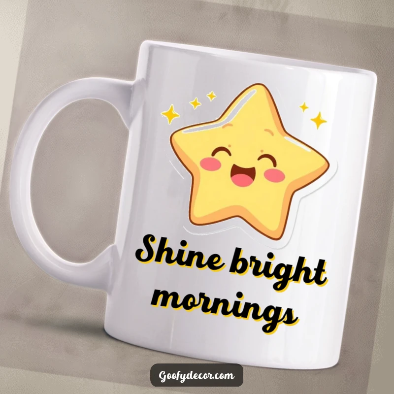 Funny mug showing a cheerful star character excitedly winking, surrounded by bright, twinkling rays.