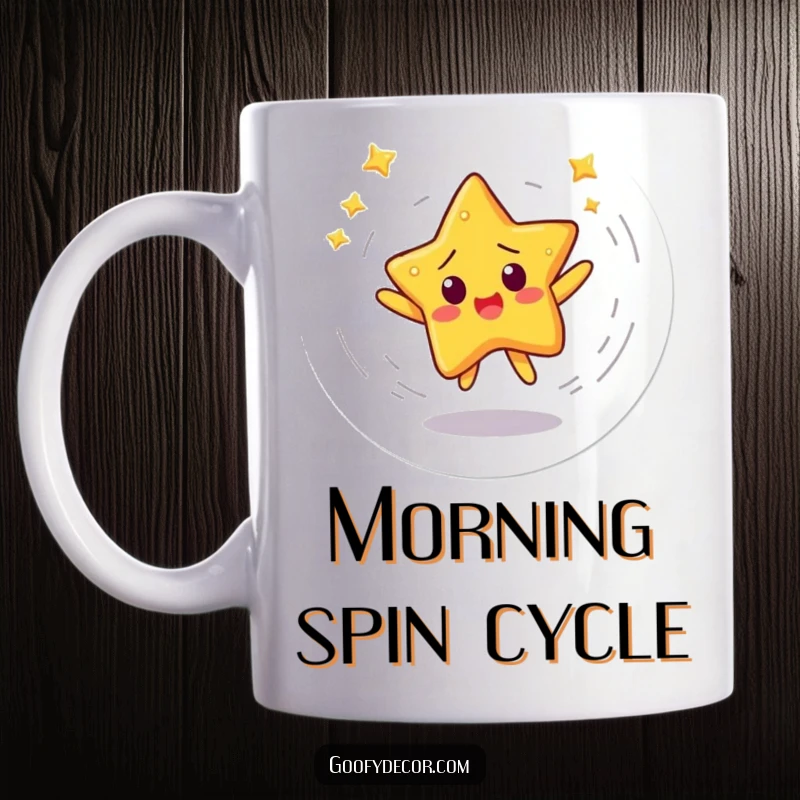 Funny mug showing a startled, wide-eyed star character caught in a dizzying, energetic spin, looking surprised.