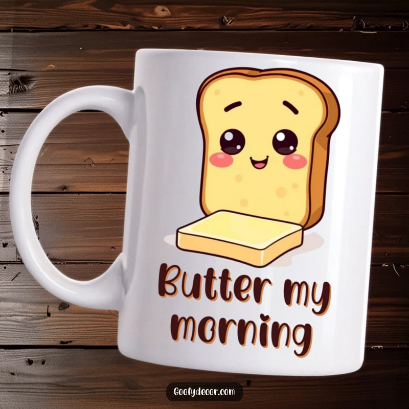 Funny mug featuring a cheerful toast character comically sliding on a butter pat, capturing breakfast absurdity.