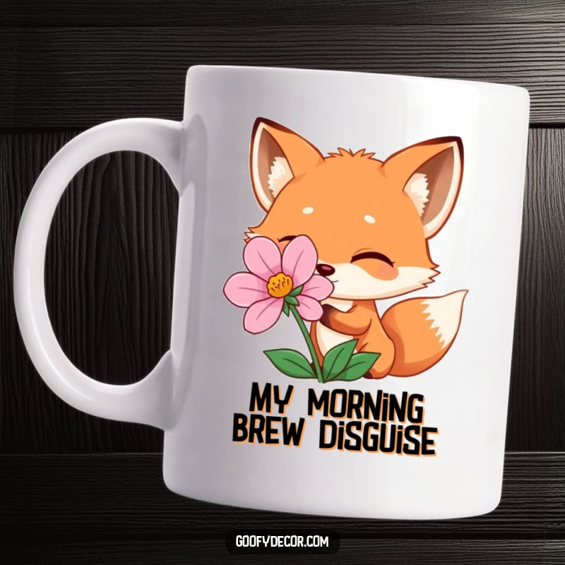 Funny winking fox peeking playfully from behind a vibrant flower, on a cute coffee mug, perfect for a gift.