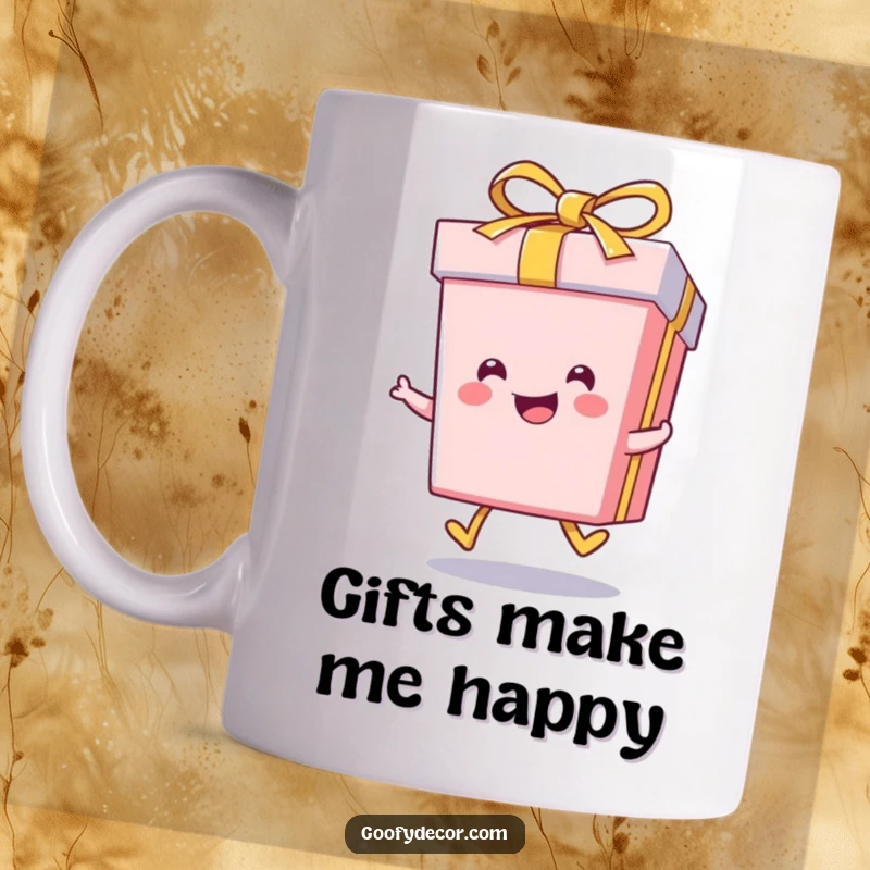 Funny kawaii smiling gift box character enthusiastically doing a little skip with a ribbon, on a mug.