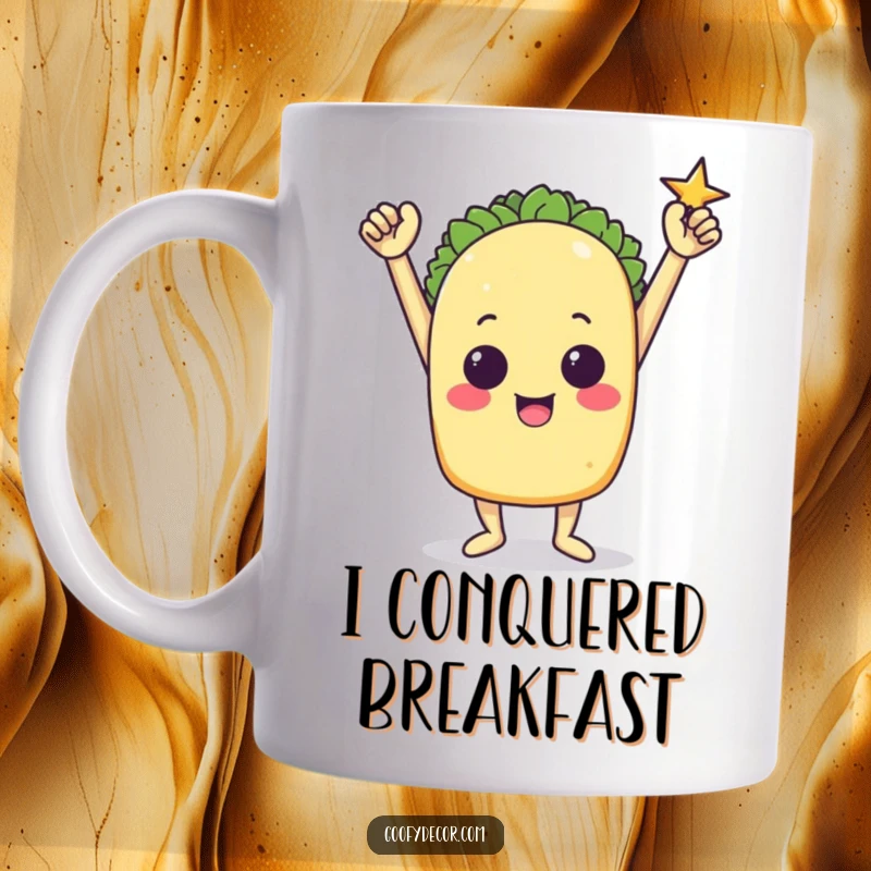 Funny mug showcasing a triumphant taco character striking a proud, victorious pose.