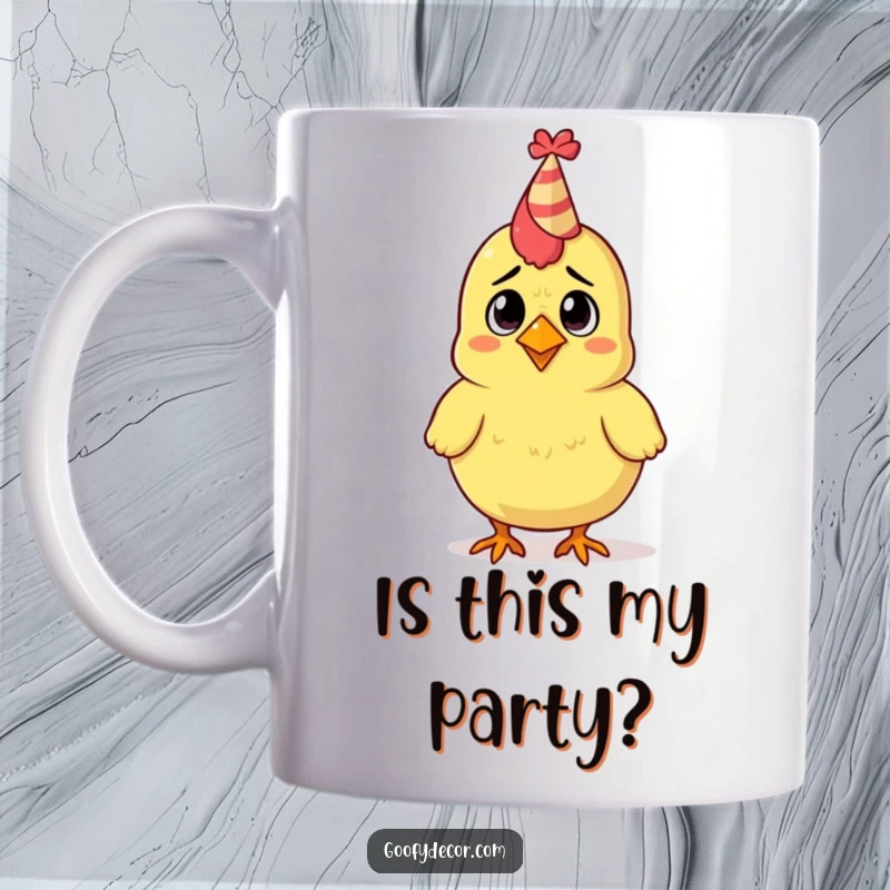 Funny rubber chicken mug, sporting a tiny party hat, looking utterly confused and uncertain at a celebration.