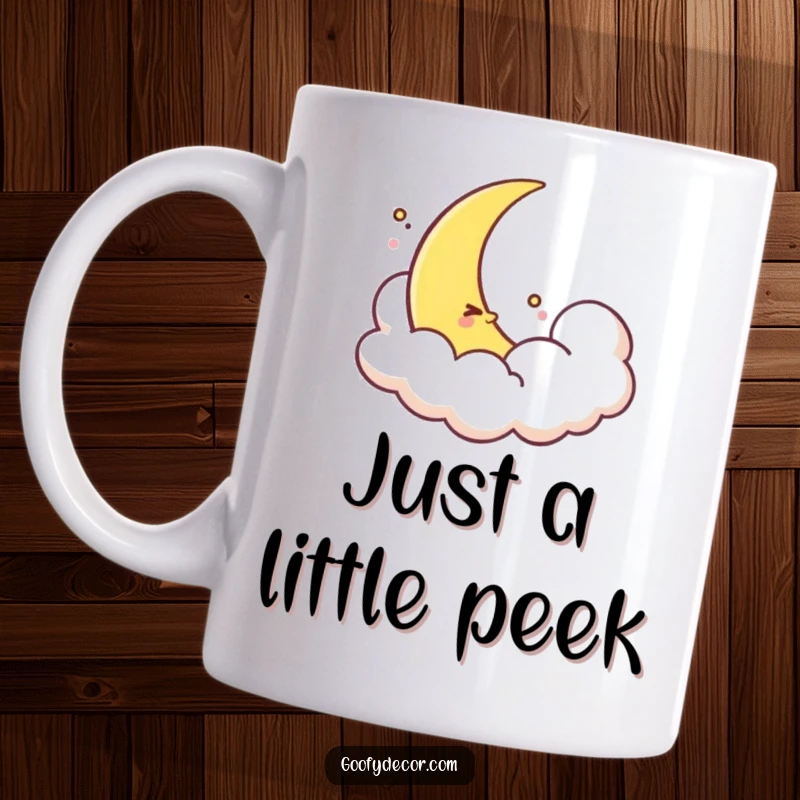 Funny shy crescent moon mug, softly peeking from behind a fluffy white cloud, conveying a sense of gentle shyness and nighttime calm.