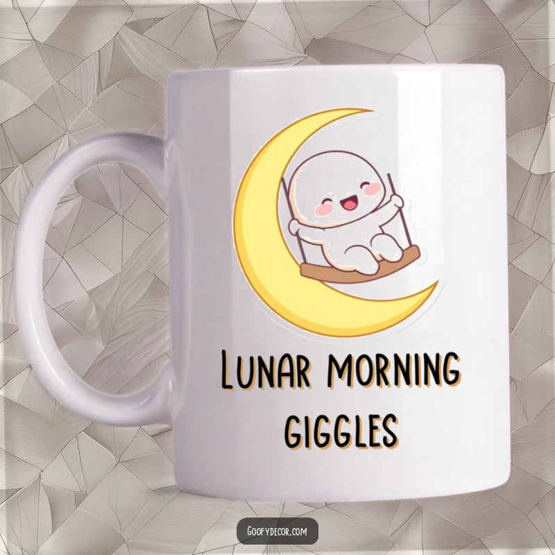 Funny laughing moon character joyfully swinging on a crescent moon, depicted on a mug for celestial fun.