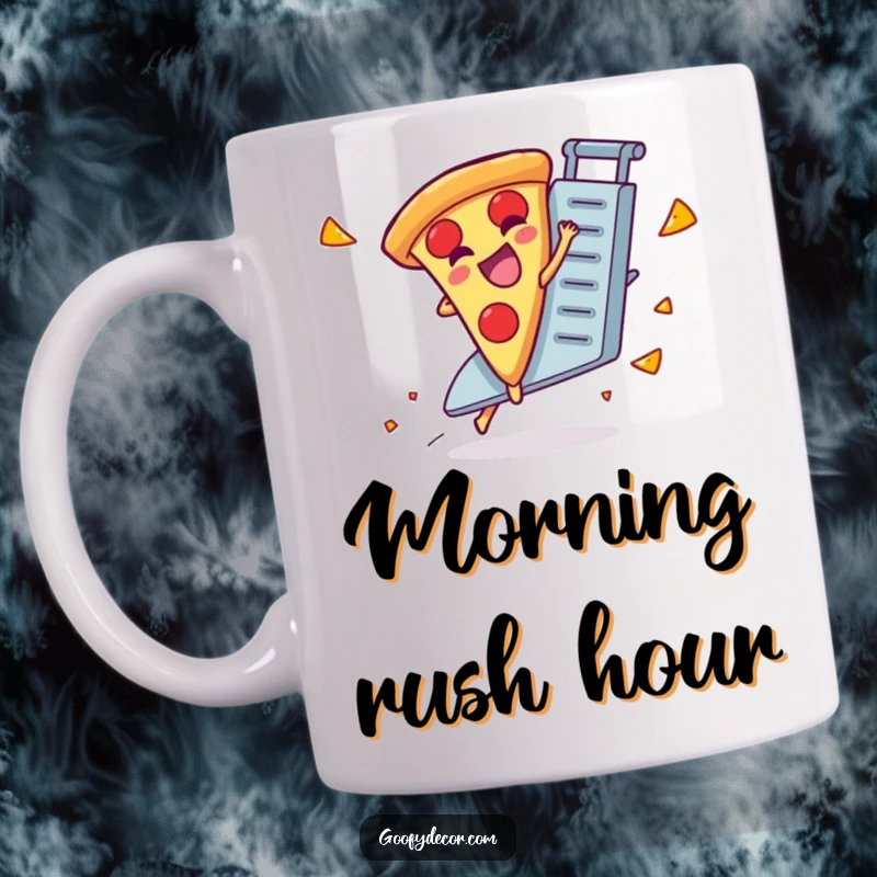 Funny mug showcasing a giggling pizza slice character precariously riding a runaway cheese grater.