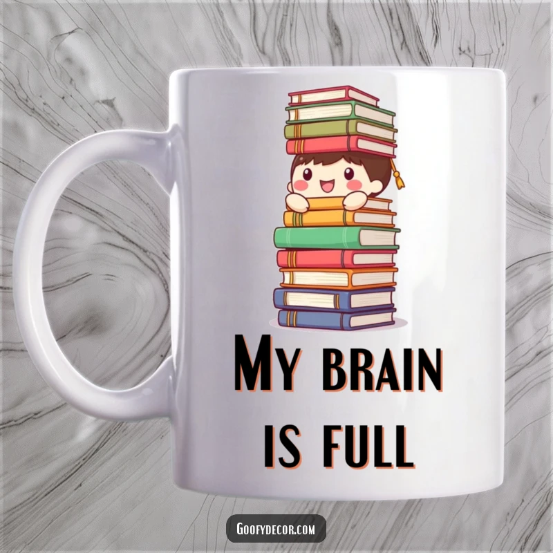 Funny happy character mug, cheerfully balancing a towering stack of books, symbolizing a love for literature and fun.