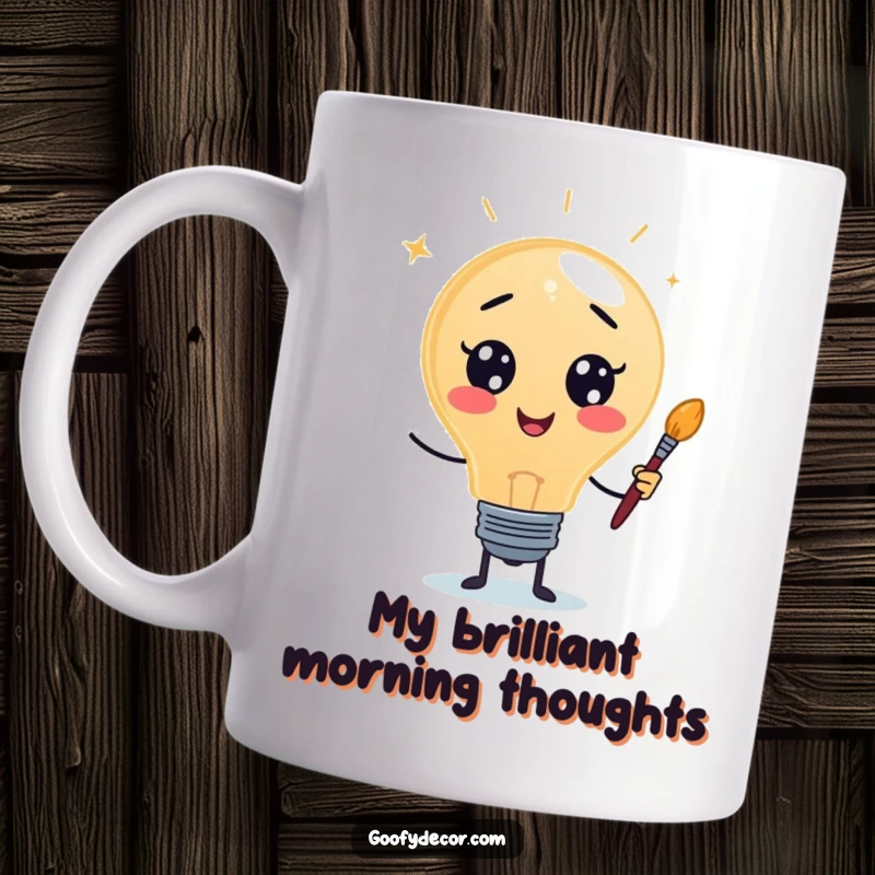 Funny mug featuring a whimsical lightbulb character holding a paintbrush, symbolizing creative ideas and artistic inspiration.