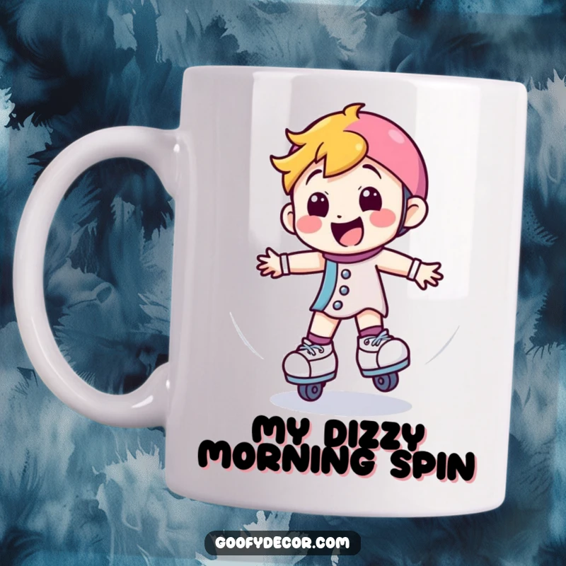 Funny mug featuring a happy roller skate character spinning joyfully in circles with a wide smile, embodying fun and movement.