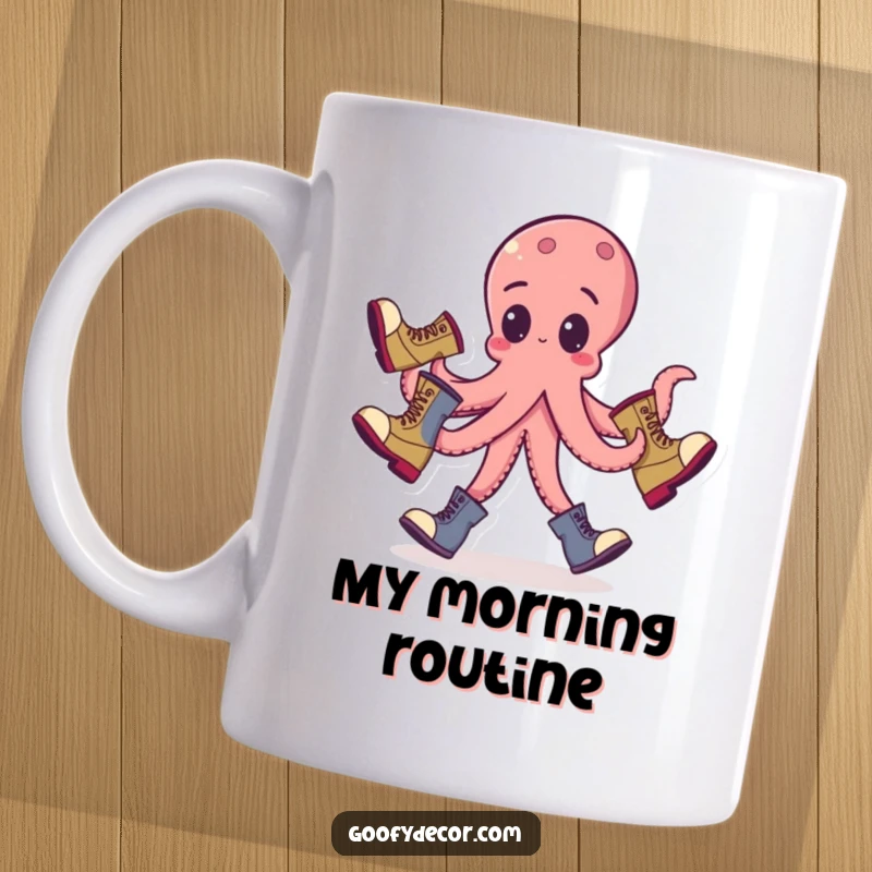 Funny octopus mug showing a goofy octopus skillfully juggling three mismatched boots with its tentacles, pure silliness.
