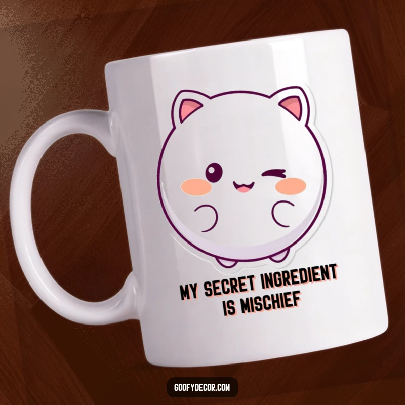 Funny mug featuring a round, smiling character with a playful wink, conveying cheerful mischief and lightheartedness.