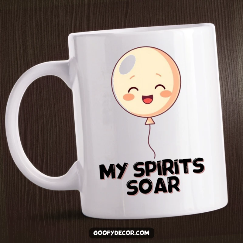 Funny mug featuring a happy little balloon character cheerfully floating upwards, symbolizing joy and lightness.