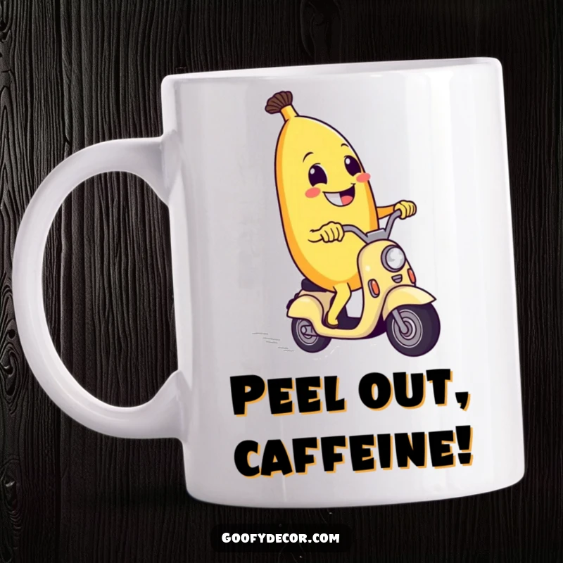 Funny mug showing a grinning banana character joyfully riding a tiny, zooming scooter, full of energetic fun.
