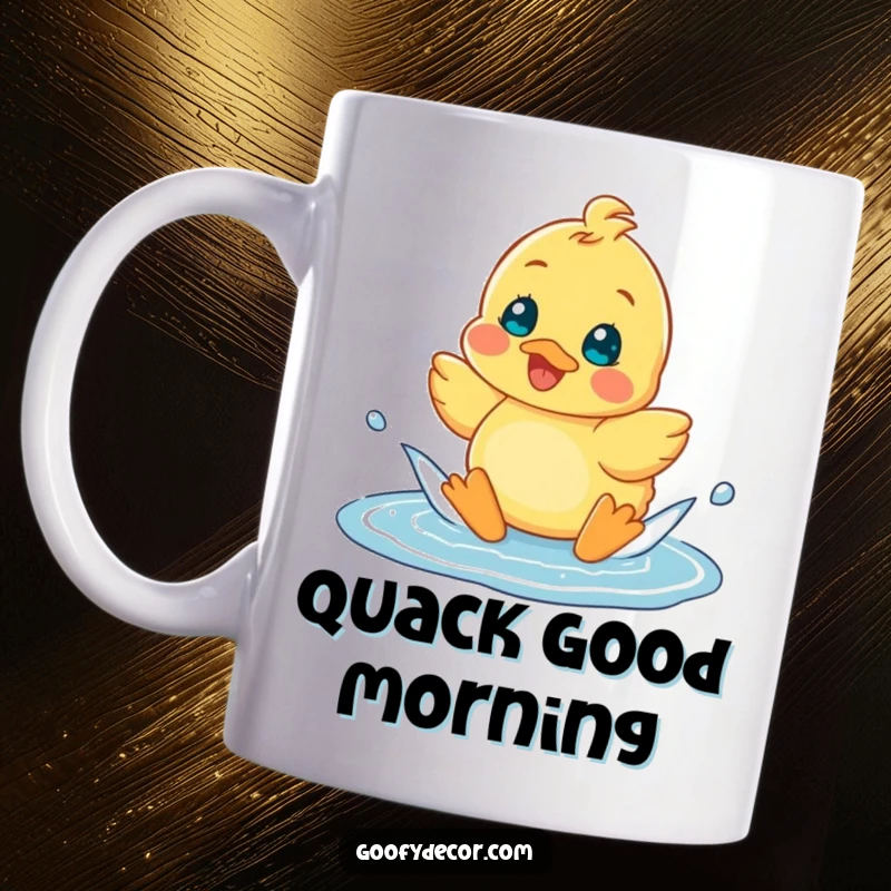Funny cheerful duckling character splashing happily in a puddle on a coffee mug, perfect for joyful gift.