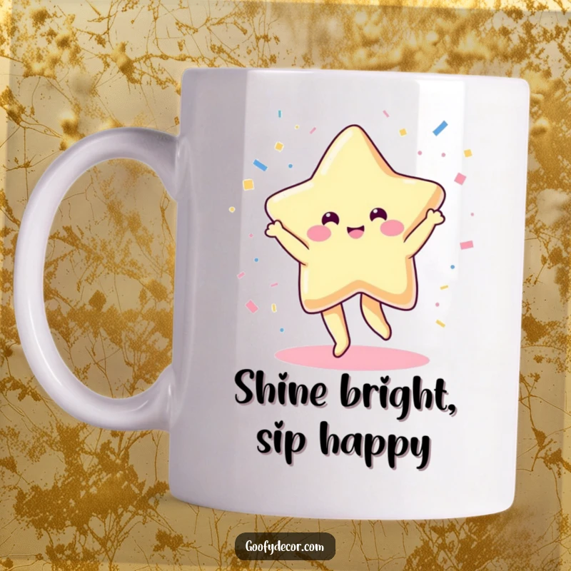 Funny kawaii star mug cheerfully dancing with abandon, surrounded by colorful confetti, radiating pure joy and celebration.