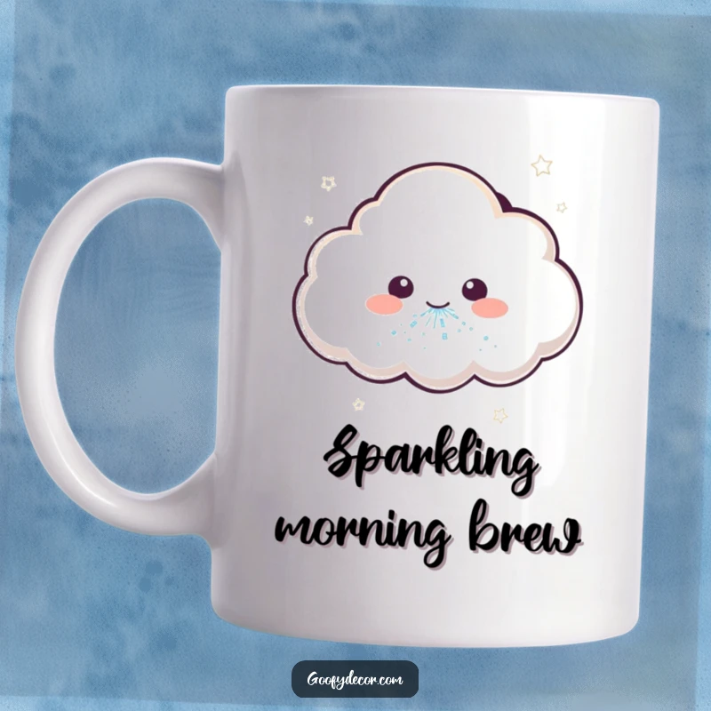 Funny kawaii cloud mug mid-sneeze, showering colorful glitter, embodying a whimsical and sparkly moment.