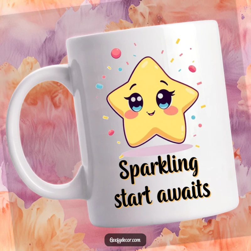 Funny Kawaii Star Mug featuring a wide-eyed kawaii star character playfully attempting to catch colorful falling confetti, full of wonder.