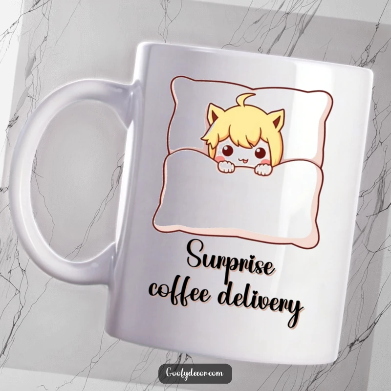 Funny mischievous character mug, peeking playfully from behind a large cushion, embodying cheeky curiosity and fun.