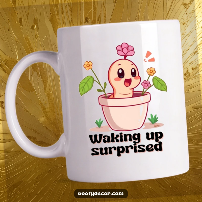 Funny Mug featuring a cheerful worm character emerging from a flower pot with a comically surprised gasp, wide-eyed.