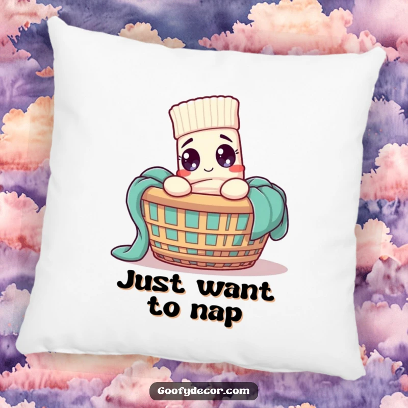 Funny sock character looking startled in a laundry basket, printed on a plush decorative pillow.