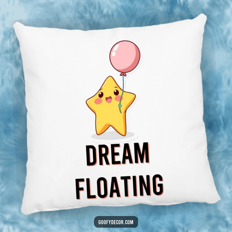 Funny bouncing star playing with a balloon on a soft and humorous plush pillow.