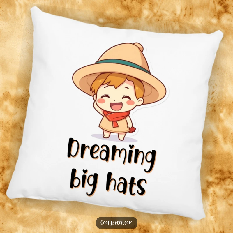 Funny grinning character pillow, comically adorned with an oversized hat, bringing a smile and cozy humor.