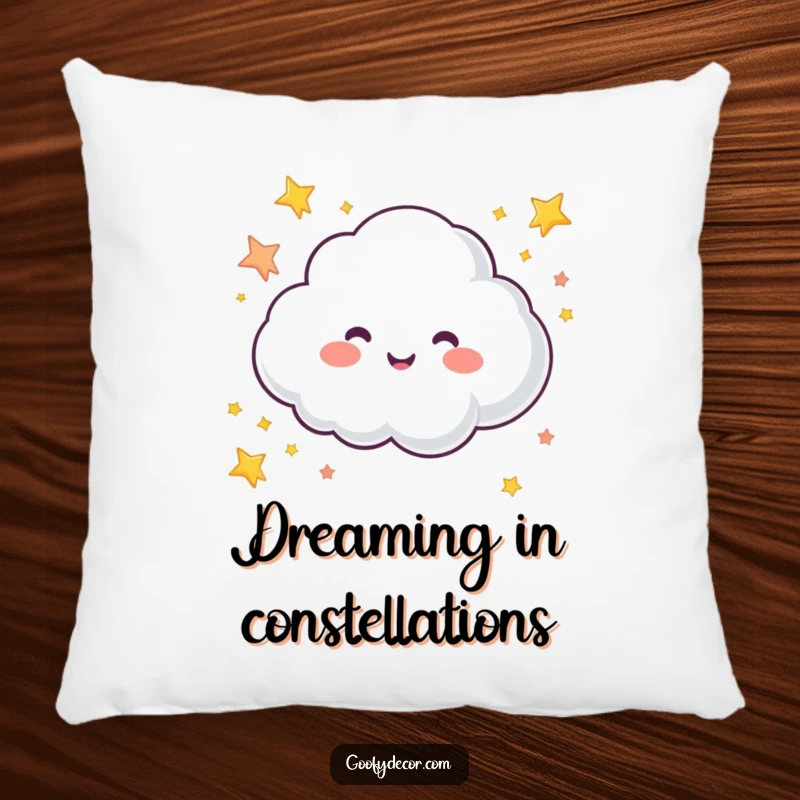 Funny pillow showcasing a soft, bubbly cloud character joyfully sprinkling colorful stars, perfect for adding comfort and joy.