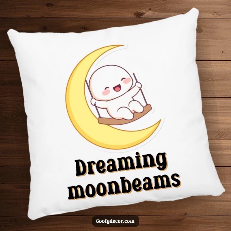 Funny laughing moon character swinging on a crescent moon, featured on a soft pillow for celestial comfort and fun.