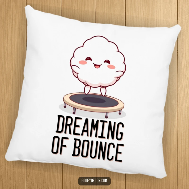 Funny Kawaii Cloud Pillow featuring a goofy grinning cloud character happily bouncing on a trampoline, designed for comfort and laughter.