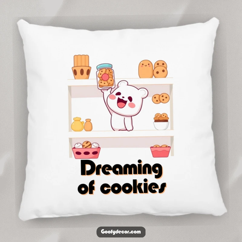 Funny pillow depicting a cheerful character reaching for a cookie jar on a high shelf, adding cozy humor to home decor.