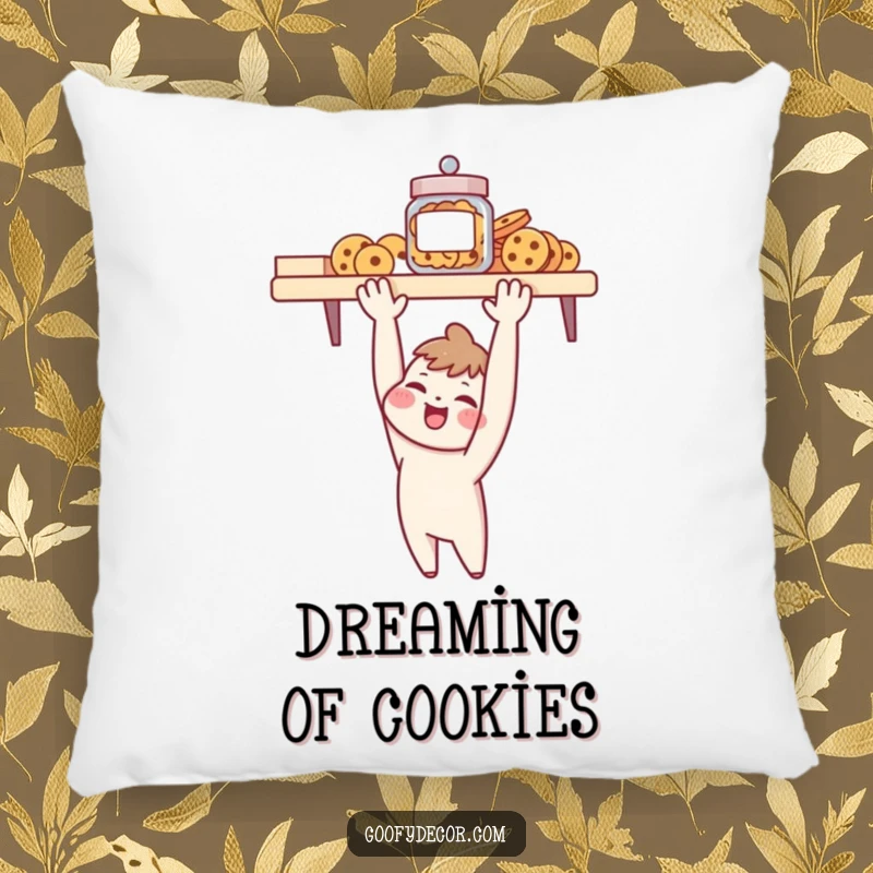 Funny pillow with a cheerful character reaching high for a cookie jar, a humorous and relatable depiction of desire.