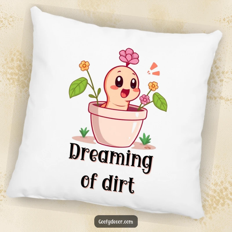 Funny Pillow featuring a cheerful worm character popping out of a flower pot with a surprised gasp, perfect for cozy decor.