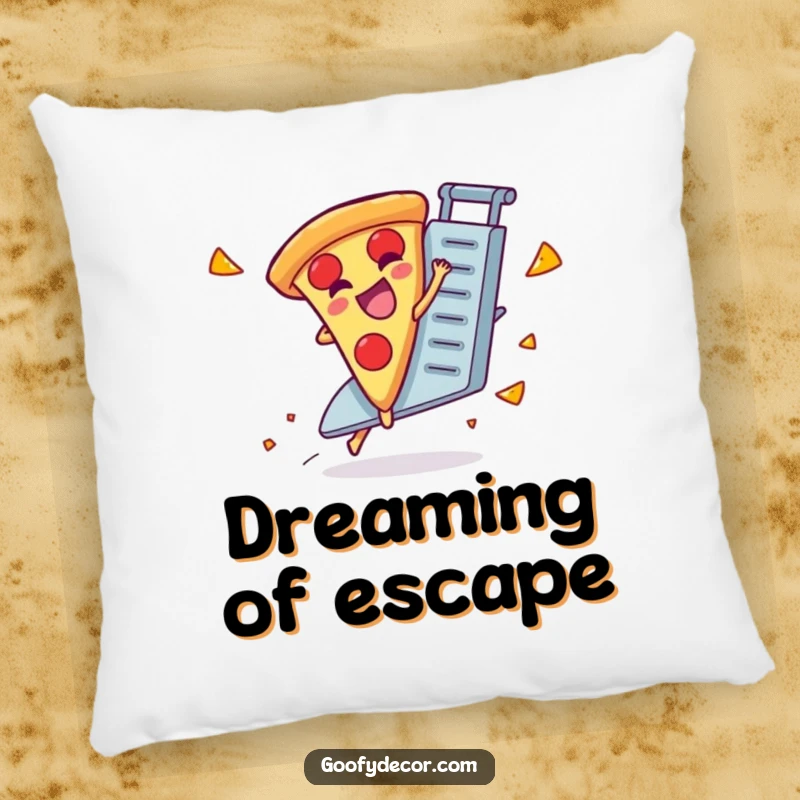 Funny pillow featuring a giggling pizza slice character about to make a daring escape on a cheese grater.