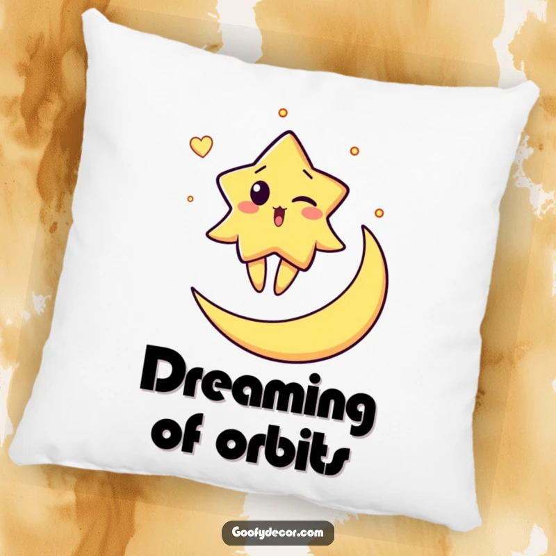 Funny pillow featuring a surprised star character winking while balancing on a crescent moon, providing soft comfort and celestial humor.