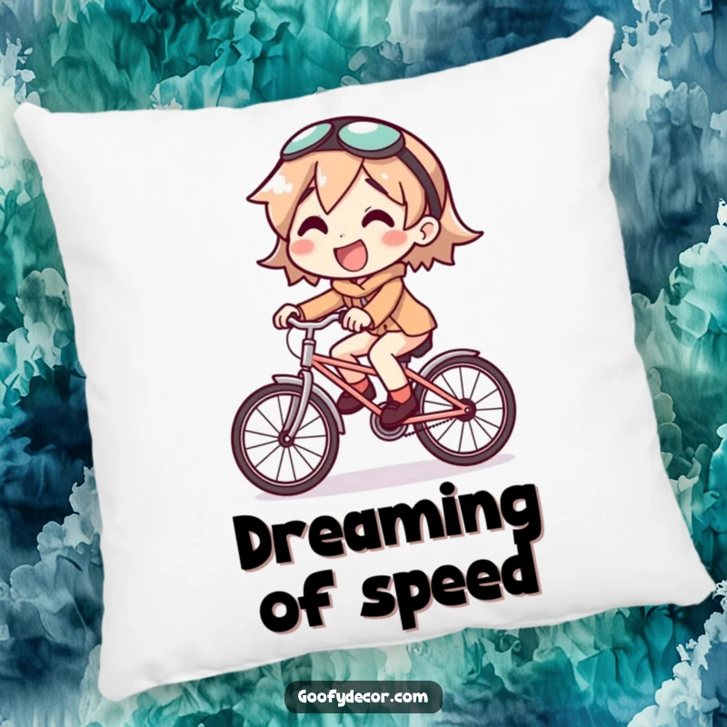 Funny pillow depicting a joyful character riding a comically small bicycle, adding cozy humor to home decor.